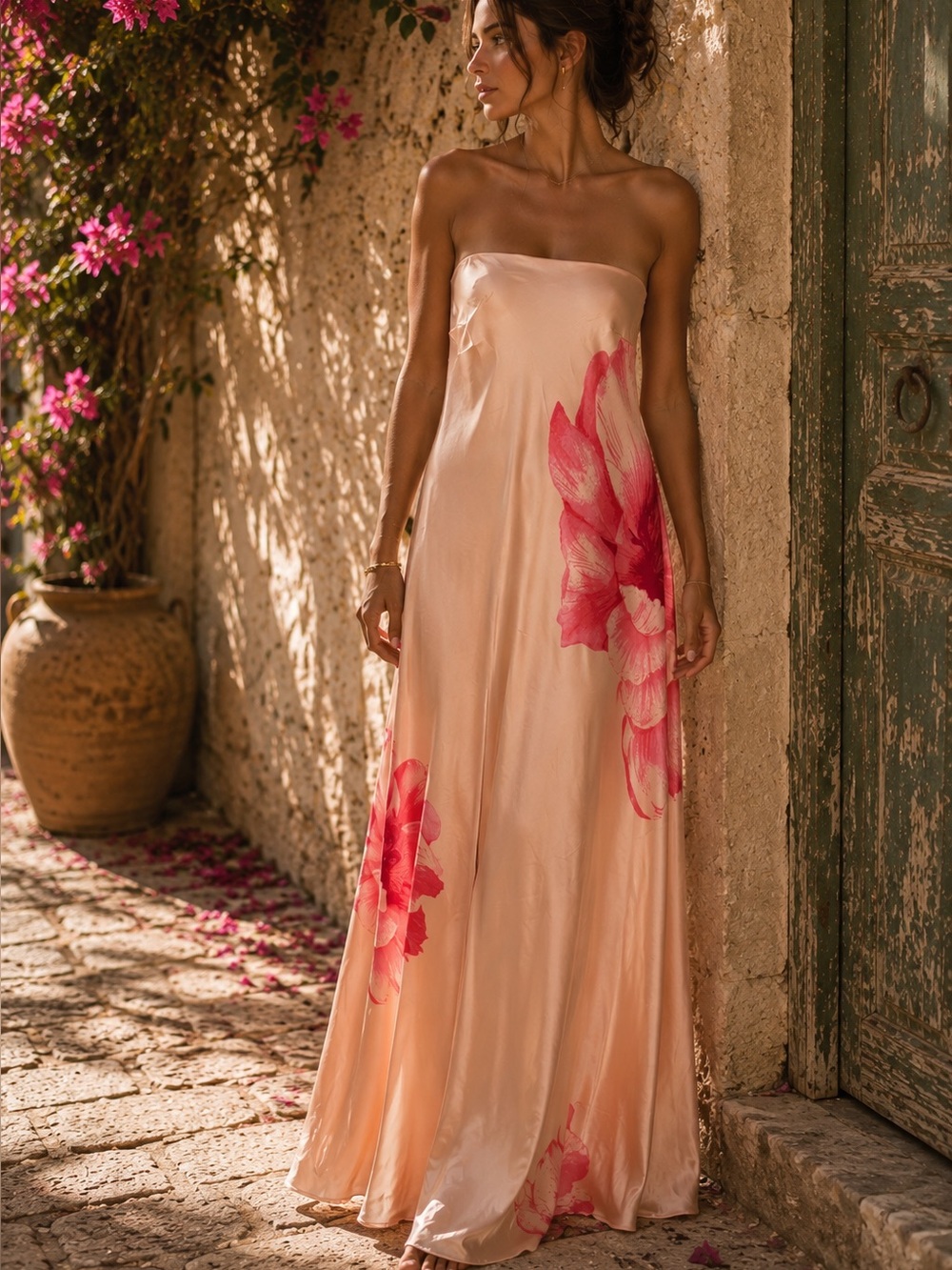 Pink Floral Satin Strapless Maxi Dress S NWT